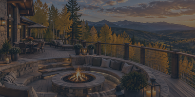 A luxurious wrap-around deck on a Pagosa Springs mountain home featuring a sunken fire pit and panoramic views of golden autumn aspen trees.